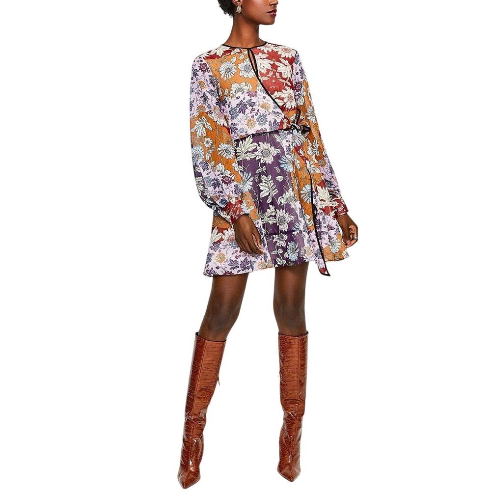 Karen Millen Vibrant Multicolor Keyhole Tie Waist Floral Dress Size 4